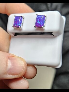 Sterling Silver Blue Violet Natural Opal Emerald Cut Stud Earrings
